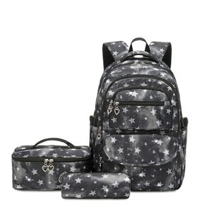 Školní batoh pro dívky 3 ks s obědovou taškou Penál, prodyšná lehká školní taška Teenage Girls, černá