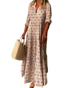 Damen Kurzarm Maxikleider Vintage Stehende Hals Oversized Modische Lose Passform Kleid Rosa,Größe 3XL