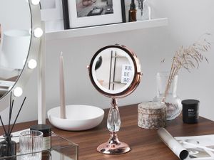 BELIANI Schminkspiegel Roségold Eisen rund doppelseitig drehbar mit LED Licht Ständer 5-fach Vergrößerung Modern Kosmetikspiegel Tischspiegel