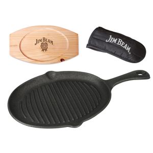 Jim Beam BBQ Servierpfanne Gusseisen - Grillpfanne Steakpfanne Emaille mit Holzuntersetzer Servierbrett 4er Set