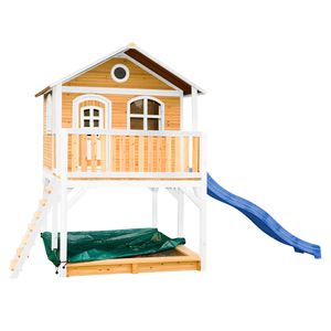 AXI Spielhaus Marc mit Sandkasten & blauer Rutsche | Stelzenhaus in Braun & Weiß aus  Holz für Kinder | Spielturm mit Wellenrutsche für den Garten