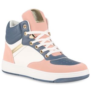 VAN HILL Damen Sneaker High Schnürer Bequeme Profil-Sohle Schnür-Schuhe 838214, Farbe: Blau Rosa Weiß Metallic, Größe: 38