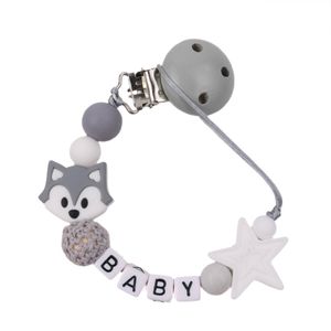 Baby Schnullerkette Schnullerketten mit Monogramm Fuchs für Mädchen & Jungen personalisierte Baby Geschenke Grau