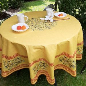 Provence Tischdecke gelb rund Ø 180 cm mit Olivenzweigen aus Baumwolle für Küche, Terrasse, Garten