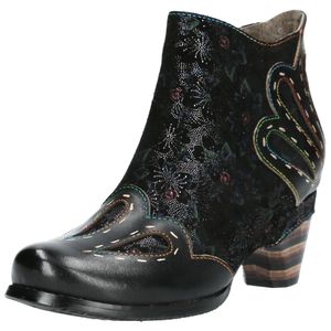 Laura Vita Damen Stiefelette Leder Blumen Ranken Pailletten Absatz Odileo 01, Größe:38 EU, Farbe:Schwarz