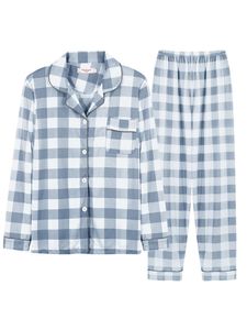 Damen Langarm Nachtwäsche Zweiteilige Pyjama Sets Outfits Revers Heimkleidung Set Blauer Plaid,Größe:M