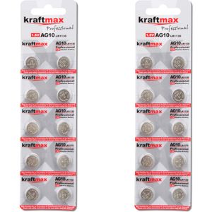Kraftmax 20er Pack Knopfzelle Typ 389 ( AG10 / LR1130 / LR54 ) Hochleistungs- Batterie / 1,5V  Uhrenbatterie für professionelle Anwendungen - Neuste Generation