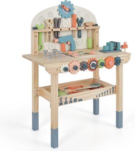 COSTWAY Dětský pracovní stůl na nářadí, dřevěný pracovní stůl s magnetickým rámem, odkládací poličkou a příslušenstvím, dílenský pracovní stůl s nářadím Montessori pro děti od 3 let
