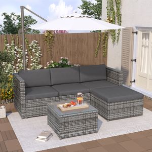 Merax 5-tlg. Polyrattan Lounge Gartenmöbel Lounge Set, Sitzgruppe mit Sofa, Tisch & Hocker, Gartenlounge für 3-4 Personen, Grau