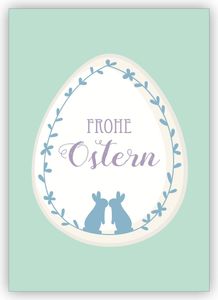 4x Zarte Osterkarte mit küssenden Hasen auf Osterei in mint: Frohe Ostern