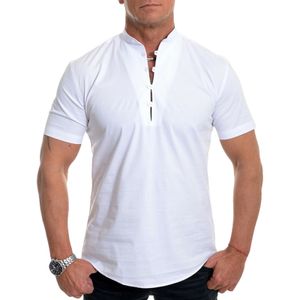 Herren Stehkragen Kurzarm Tops Casual T-Shirt Bluse Pullover Tunika Knöpfe,Farbe: Weiß,Größe:L