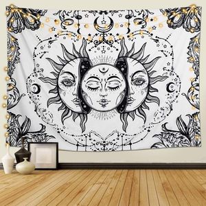 Tarot Wandteppich Psychedelische Sonne und Mond Wandteppich Mandala Tuch Wandtuch Schwarz und Weiß Tapisserie Wandbehang Tapestry Schlafzimmer Studio Dekor (Weiß,100*150)