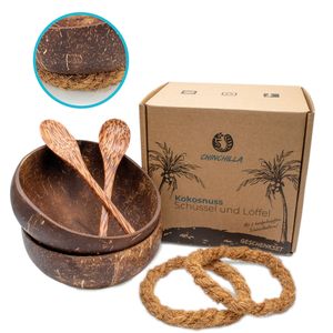 2er Set Kokosnuss Schalen + Holzlöffel + Halterung | Natürliche Schalen aus Kokosnuss | Coconut Bowls