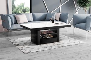 Design Couchtisch Tisch HLM-111 Weiß / Schwarz Hochglanz Schublade höhenverstellbar ausziehbar