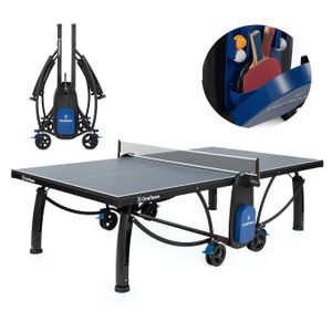 OneTeam Tischtennisplatte 274x152,5x76 cm Indoor mit Netz Klappbar 2 Ablagen für Bälle und Schläger Transportrollen mit Bremse Blau