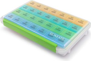 SUKUOS Pillendose 28 Tage Deutsch, Große Tablettenbox Monat Medikamentenbox mit 7 Fächer für 4