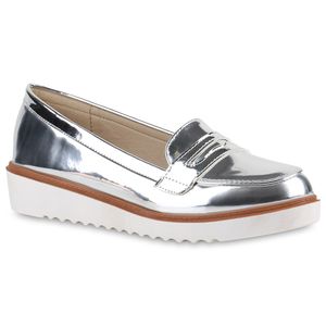 Mytrendshoe Damen Loafers Slipper Profilsohle College Schuhe Metallic 811710, Farbe: Silber, Größe: 36