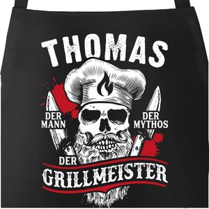 Premium Grill-Schürze für Männer mit Name Der Mann Der Mythos Der Grillmeister Totenkopf Skull Spruch lustig Moonworks® schwarz Herren