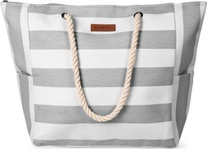 Strandtasche Damen Große Badetasche mit Reißverschluss Freizeittasche Sommer Tasche Gestreift Shopper Bag Einkaufstasche XXL Grau