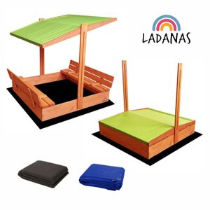Ladanas® Sandkasten Holz-  IMPRÄGNIERT -120 x 120 cm  -Sandkiste Kinder incl. VLIES und ABDECKPLANE - faltbaren Bänken & verstellbarem Dach (grün)- UV50- & Sonnendach