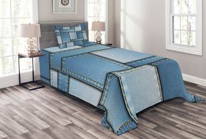 ABAKUHAUS Blau Tagesdecke Set, Denim Patchwork-Muster, Set mit Kissenbezügen Waschbar, für Einselbetten 170 x 220 cm, Blau