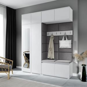 Garderoben-Set NIKOLA Kleiderschrank mit Polsterplatten, Schuhschrank und Schrankaufsatz 90 cm – Ideal für Flur und Eingangsbereich (Weiß, Trinity 15)