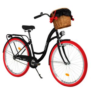 Milord Komfort Fahrrad Mit Weidenkorb Damenfahrrad, 28 Zoll, Schwarz-Rot, 1 Gang