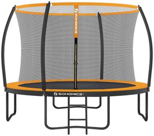 SONGMICS trampolína Ø 305 cm s žebříkem + síť + tyče + kryt bezpečné fitness zařízení kulatá zahradní trampolína černá