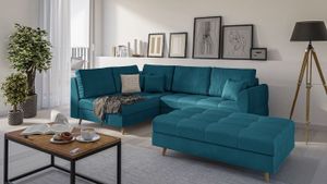 S-STYLE MÖBEL - Ecksofa und Fußhocker mit Holzfüßen im skandinavischen Stil Marco aus Blau Luxusmicrofaser, Ottomane links - B/T/H:231 cm/161 cm/81cm