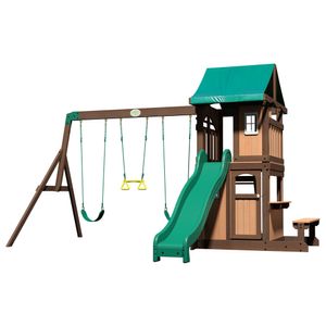 Backyard Discovery Lakewood Spielturm aus Holz | XXL Spielhaus für Kinder mit Rutsche, Schaukel, Trapez & Picknicktisch | Stelzenhaus für den Garten