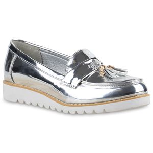 Mytrendshoe Damen Tassel Loafers Metallic Slipper Schuhe Profilsohle 815925, Farbe: Silber, Größe: 39