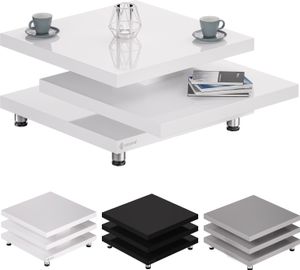 CASARIA® Couchtisch 60x60 cm Weiß Hochglanz Design Modern 360° drehbare Tischplatte höhenverstellbare Füße Holz Sofatisch Wohnzimmertisch Cube New York