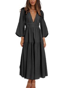 Damen Maxikleider V-Ausschnitt Sommerkleid Beach Hawaiian Long Kleid Strandkleid Schwarz,Größe XL