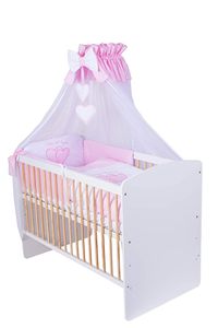 KMbaby Babybett K2 gelb-weiss 120x60 mit 10tlg Bettwäsche Set Matratze Gitterbett Herzen rosa