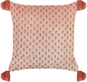 BELIANI Poduszka dekoracyjna różowa welurowa z bawełną 45 x 45 cm wykonana drukiem blokowym wzór kwiatowy dodatek boho