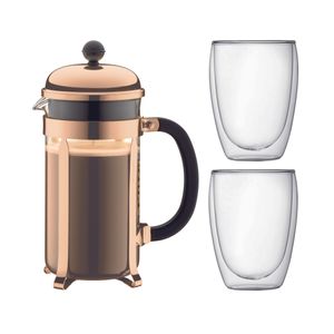 BODUM CHAMBORD Piston Coffee Set - 8 Tassen - 1L -Brown - Mit 2 doppelwandigen Gläsern Pavina 0,35l