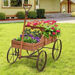 Stojan na kvety so 4 kolieskami z kovu, vozík na rastliny z masívneho dreva, drevený vozík s nosnosťou do 15 kg, kvetinový box do záhrady a na balkón a terasu, dekorácia na vozíku na kvety (hnedý)