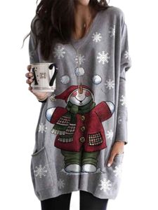 Frauen Mit Taschen Weihnachten Langlinie Tunika Bluse Weihnachten Santa Print Pullover, Farbe:Grau B, Größe:5Xl