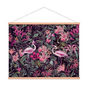 Stoffbild Kakemono mit Posterleisten Holz Natur Blumen Vogel Flamingo Bunt Blume, Größe: 51 x 51 cm