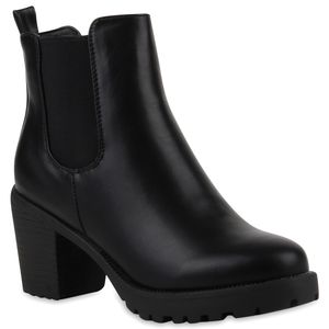 Mytrendshoe Damen Stiefeletten Blockabsatz Chelsea Boots Profilsohle 78851, Farbe: Schwarz, Größe: 36