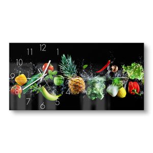 DEQORI Glasuhr 60x30 cm Zahlen 'Sauberes Obst und Gemüse' Wanduhr Glas Uhr Design leise