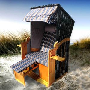 Strandkorb Helgoland 2-Sitzer für 2 Personen 90cm breit Braun Blau Weiß Grau gestreift Gartenliege Sonneninsel Poly-Rattan