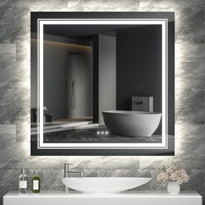 WISFOR LED Badspiegel 90x90cm Badspiegel mit Beleuchtung, 3 Lichtfarbe Lichtspiegel Wandspiegel Badezimmerspiegel mit Touch-schalter dimmbar beschlagfrei IP44