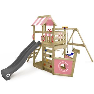 WICKEY hrací věž SeaFlyer s houpačkou a skluzavkou, domečkem na stromě s pískovištěm, žebříkem na lezení a hracími doplňky - pastelově růžová barva