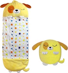 Kinderschlafsack,2-in-1 Cartoon Schlafsack(gelb Hund,M)faltbare Sitzkissen,Flauschiger Kinderschlafsack,weiche und bequeme Schlafsack-Kissen,geeignet Geschenk für Mädchen und Jungen