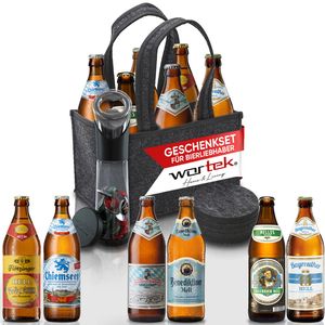 wortek Geschenkset Männer inkl. 6 bayerischen Bier - Männerhandtasche aus Filz + Flaschenöffner mit Auffangbehälter + Untersetzer Gläser 6er Set