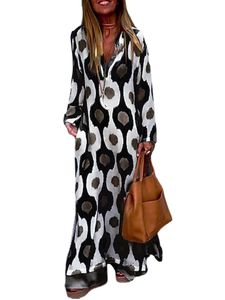 Damen Split Maxi Kleider Kaftan Sommerkleid Mode Bedrucktes Langes Kleid Mit V-Ausschnitt Schwarz,Größe L