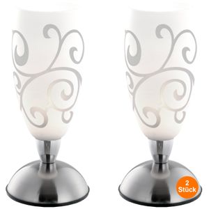 Nachttischlampe Touch 2er Set Tischlampe Modern Weiß Glas Ornamente Wohnzimmer