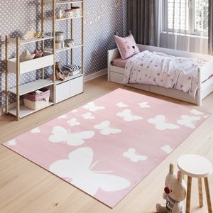 Teppich Kinderzimmer Wohnzimmer Schlafzimmer Kurzflor Modern Design Kinderteppich Pink Rosa Weiß Pastellfarben Modern Schmetterling Spielteppich  120 x 170 cm