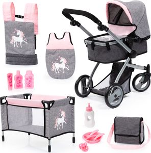 Bayer Design 18333AC Kombi-Puppenwagen Mega Set, wandelbar, höhenverstellbar, Zubehör, Reisebett, Trage, Schlafsack, jeans-grau, rosa, Einhorn
